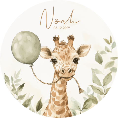 Geboortekaartje rond met giraffe en groene ballon