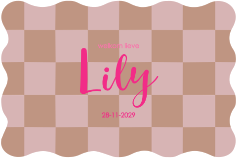 Vintage geboortekaartje roze met bruine blokjesprint en golfrand