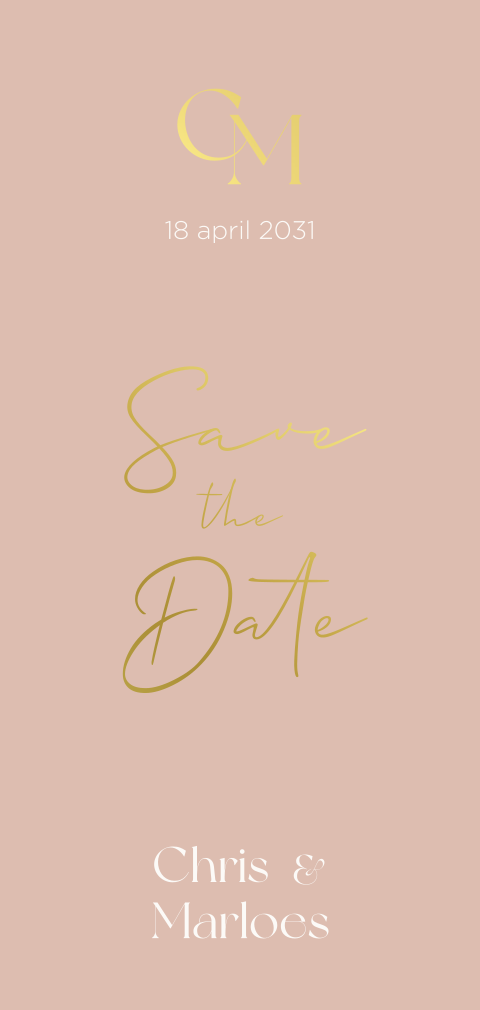 Roze save the date kaart monogram bruidspaar goudfolie
