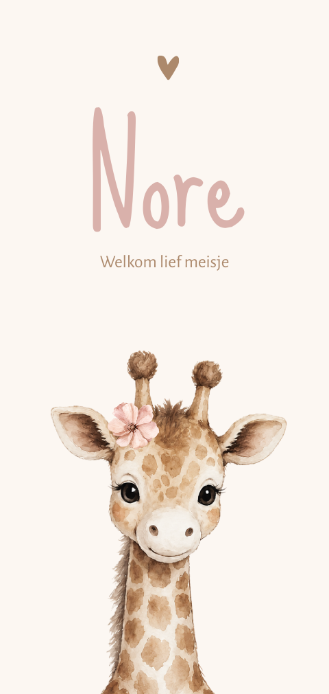 Geboortekaartje giraf met roze bloemetje
