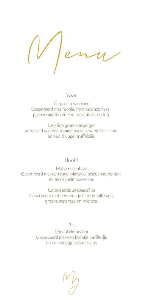 Menukaartje wit met goudkleur en initialen