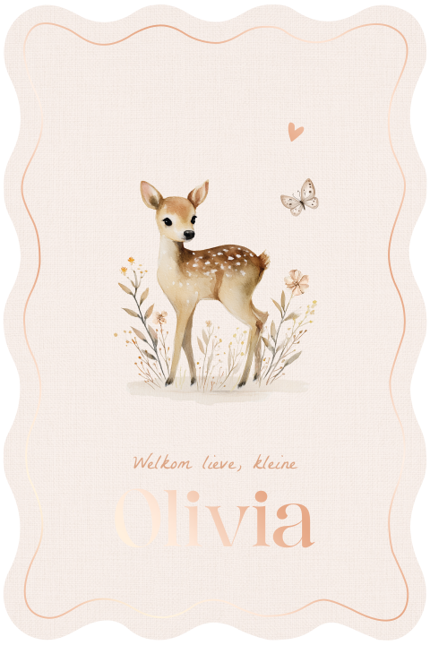 Linnenlook geboortekaartje golfrand met lief hertje en foliedruk