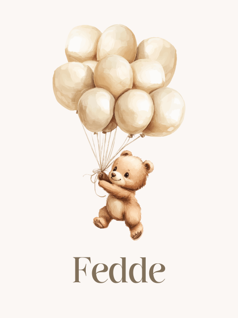Geboorte poster beertje aan beige ballonnen 30x40 cm