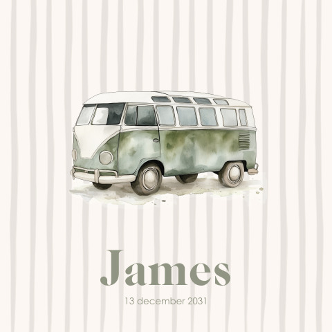 Stoer geboortekaartje jongen met groen busje en streepprint