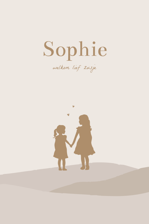Neutraal geboortekaartje silhouet lieve zusjes op landschap