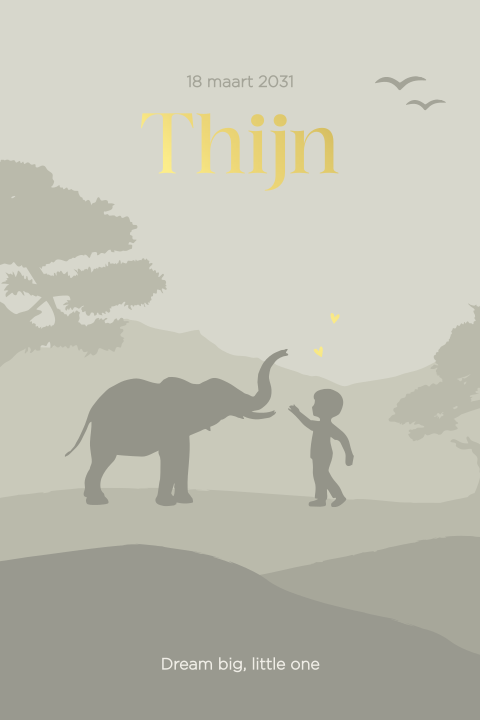 Safari geboortekaartje silhouet olifantje met zoontje goudfolie
