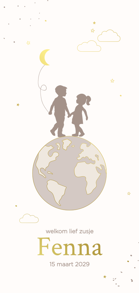 Geboortekaartje broertje en zusje op wereldbol beige en goudfolie