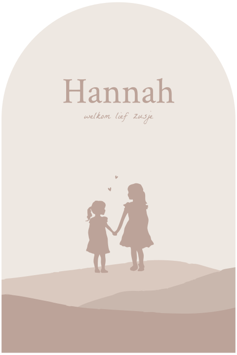 Boogvormig geboortekaartje heuvellandschap met zusjes