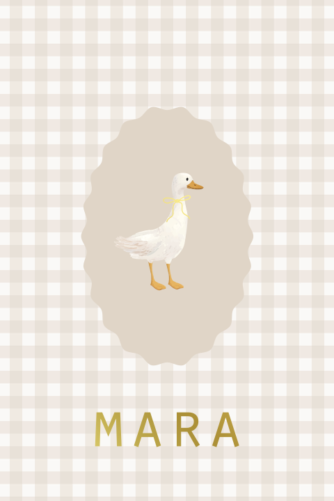 Uniek geboortekaartje ruitprint beige met gansje en strikje goudfolie