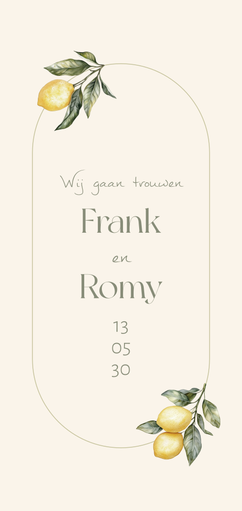 Botanische trouwkaart met ovaal en citroenen
