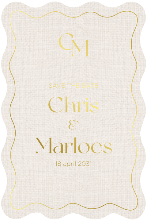 Golvende save the date kaart linnen achtergrond met goudfolie