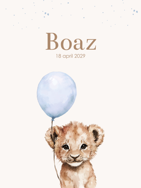Poster geboorte leeuwtje met blauwe ballon 30x40 cm