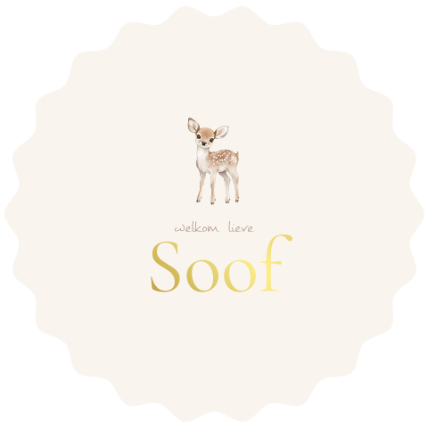 Rond geboortekaartje met schulprand lief hertje en goudfolie