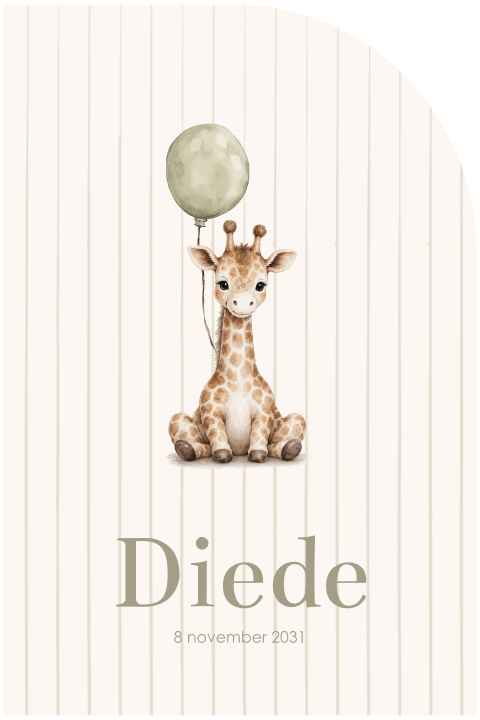 Geboortekaartje met streepjes en giraf groene ballon