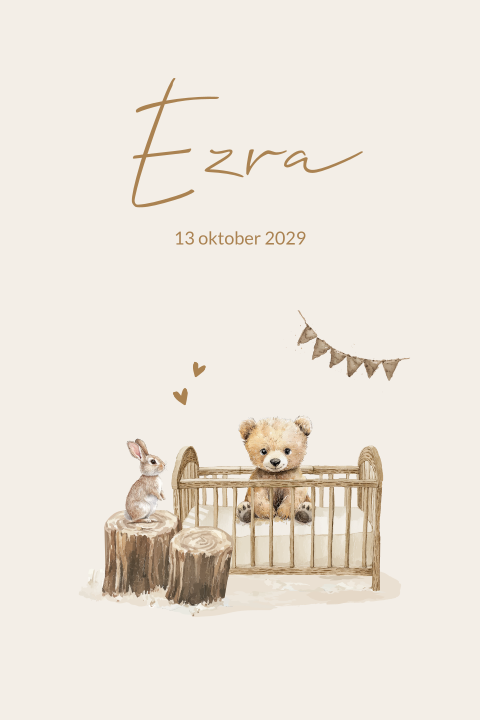 Geboortekaartje beertje in bedje met konijntje in bos