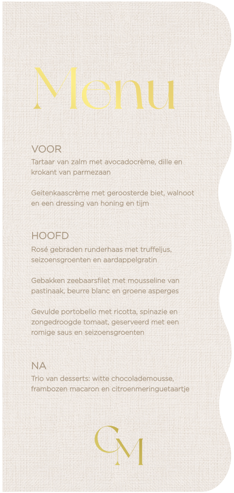 Golvende menukaart met goudfolie op linnenlook