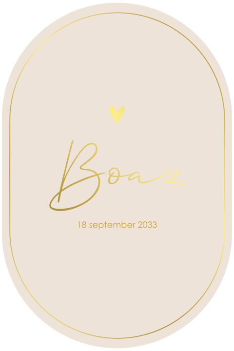 Ovalen geboortekaartje beige met goudfolie