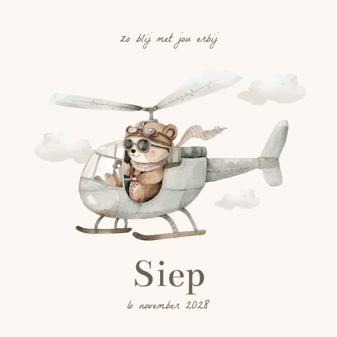 Stoer geboortekaartje beertje in helikopter beige