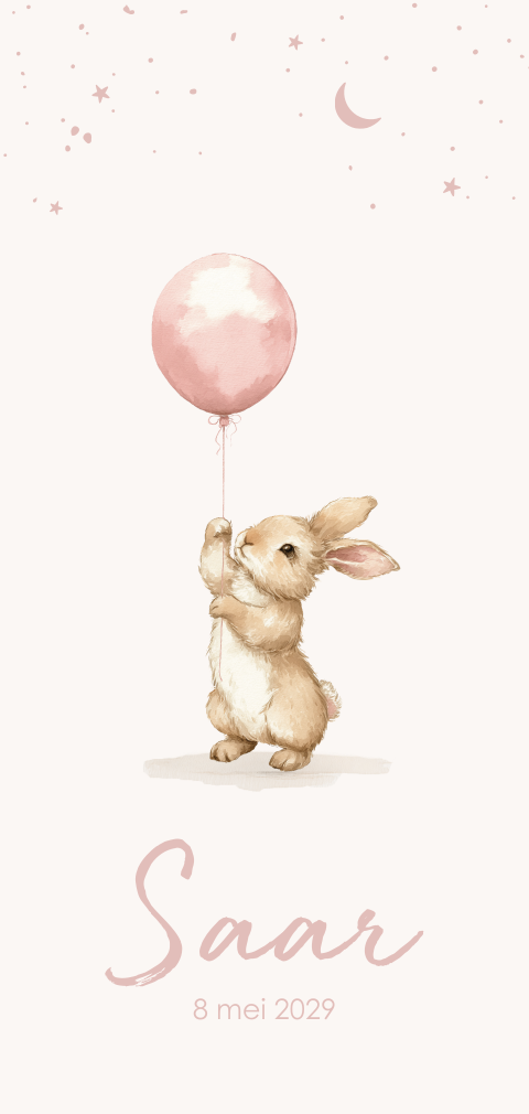 Geboortekaartje schattig konijntje met roze ballon meisje