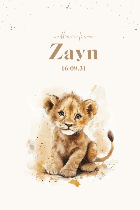 Stoer geboortekaartje met illustratie leeuwtje
