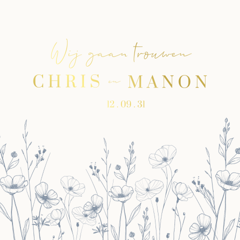 Klassieke trouwkaart met goudfolie en bloemenveld lijntekening