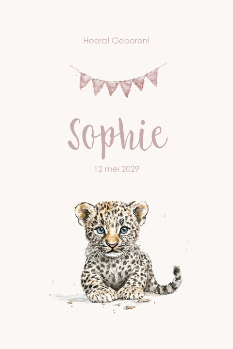 Poster geboorte met luipaard en roze vlaggenlijn 40x60 cm