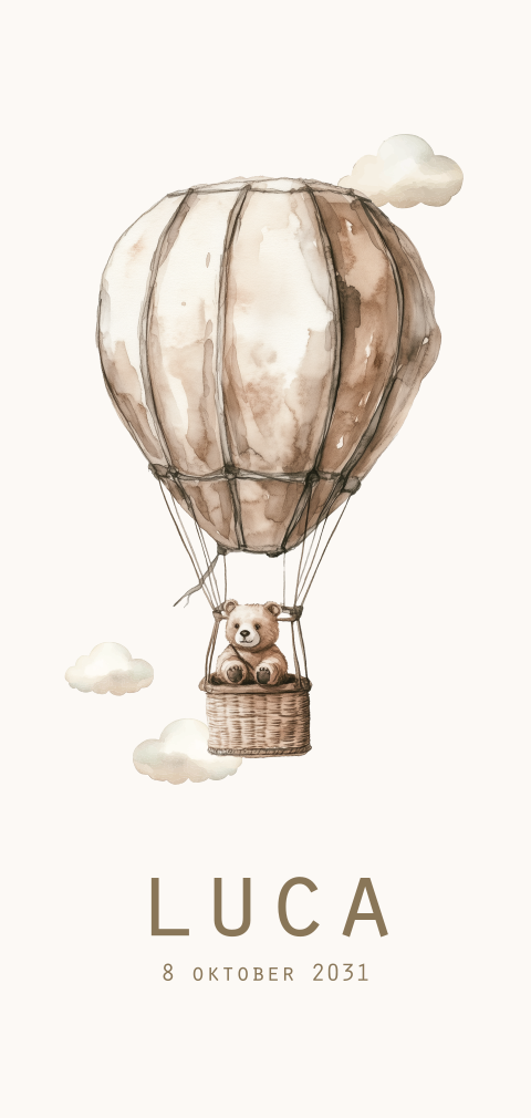 Geboortekaartje bruine luchtballon met beertje wolkjes