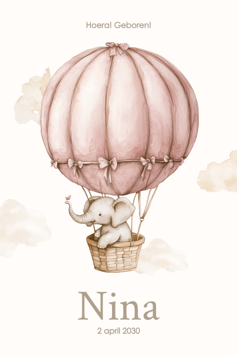 Vrolijk geboortekaartje olifantje in roze luchtballon