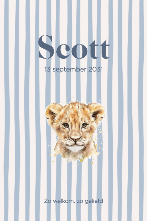 Trendy geboortekaartje blauwe streepprint leeuwenkopje