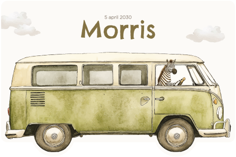Uniek geboortekaartje zebra in retro busje groen