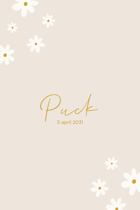 Beige geboortekaartje witte bloemetjes met okergeel