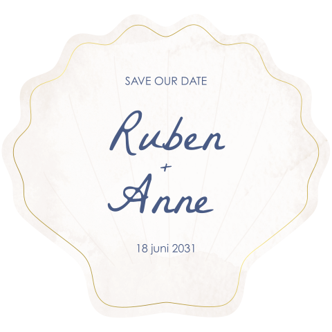 Save the date kaart in vorm schelp met goudfolie strand