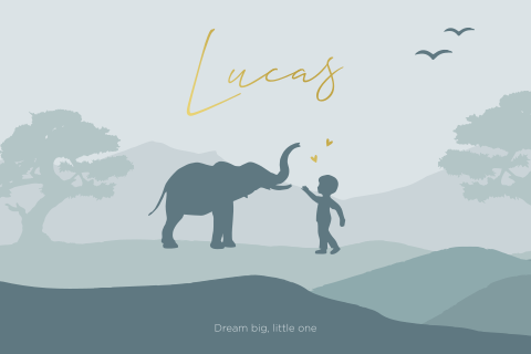 Geboortekaartje olifant met jongetje silhouet petrol en goudfolie