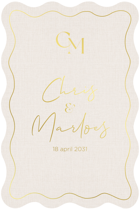 Trouwkaart met golfrand en linnen achtergrond in goudfolie