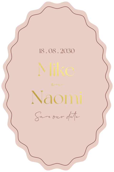 Ovale save the date kaart met speelse golfrand in oudroze