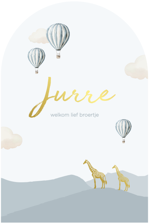 Blauw geboortekaartje boogvorm met luchtballon en giraffe goudfolie