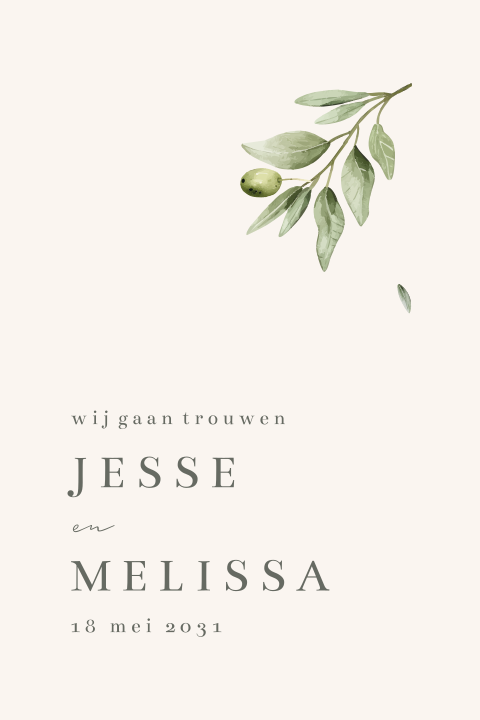 Trouwkaart met watercolor illustratie van olijftakje