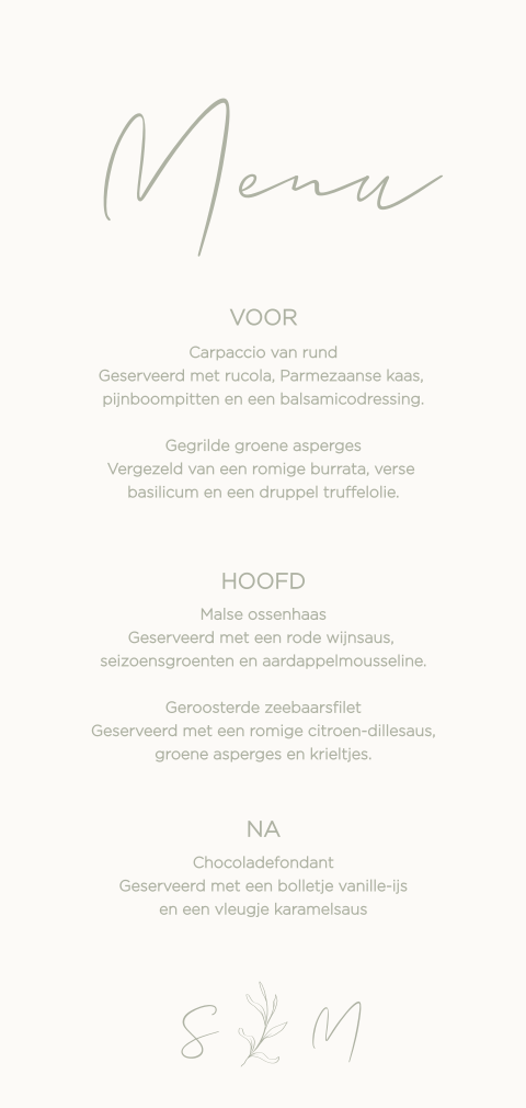 Langwerpige menukaart offwhite met groen blaadje