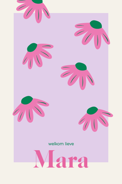 Kleurrijk geboortekaartje bloemenprint groen met roze