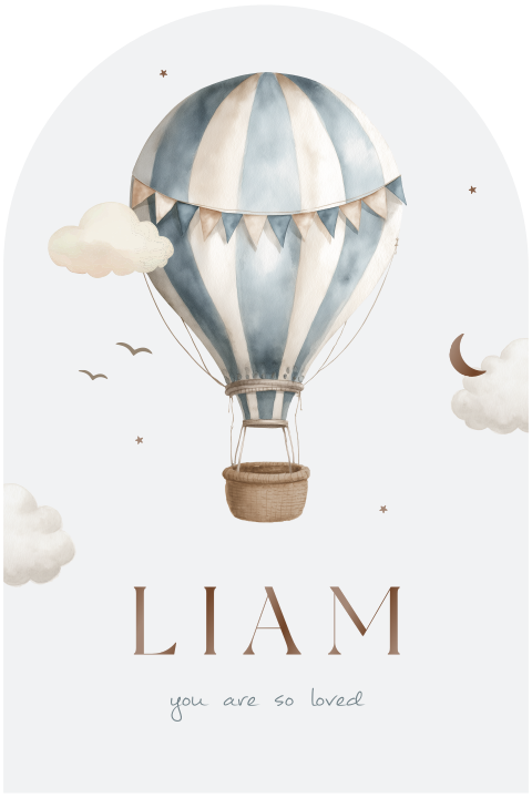 Blauw geboortekaartje boog met luchtballon en bruine hoogglans