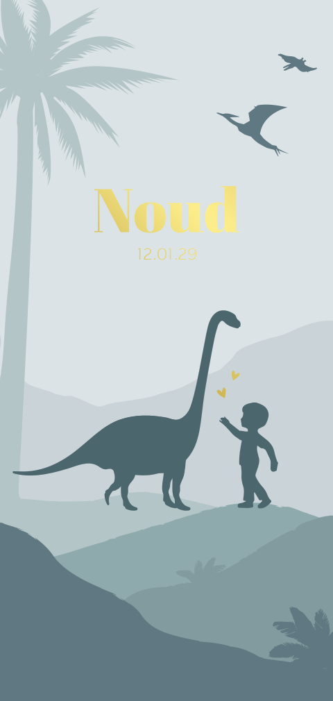 Avontuurlijk geboortekaartje goudfolie grijsblauw silhouet dino