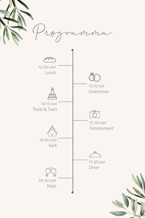 Programmakaart bruiloft met blaadjes illustraties