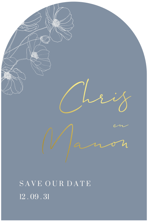 Save the date uitnodiging blauw lijntekening bloemen