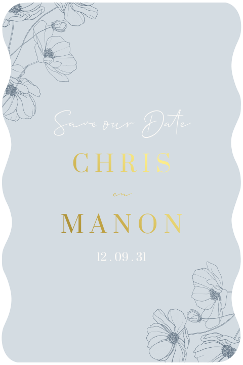 Lichtblauwe save the date kaart met bloemen en golfrand
