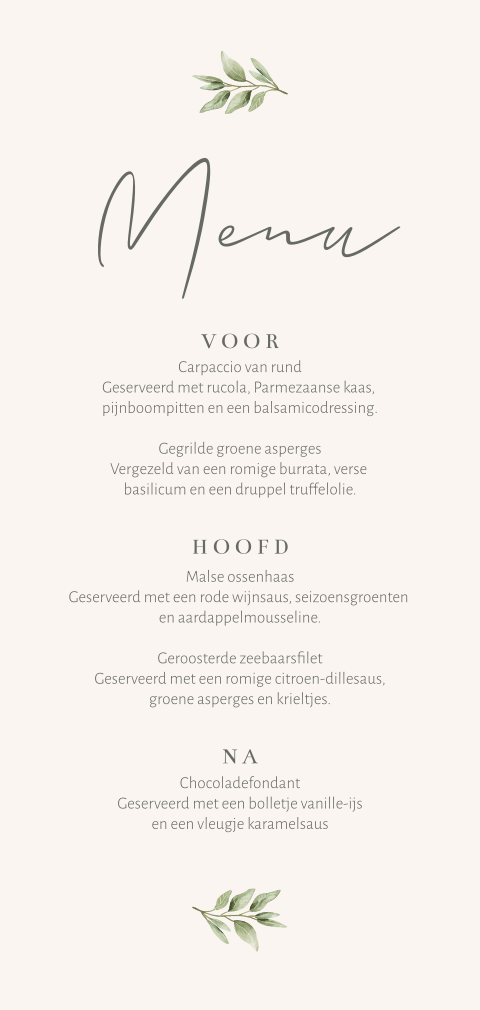 Offwhite menukaart met blaadjes
