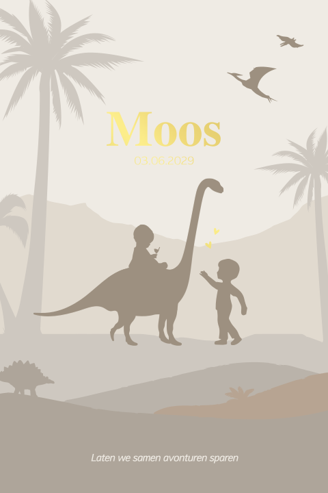 Beige geboortekaartje dino met broertje op heuvellandschap met goudfolie