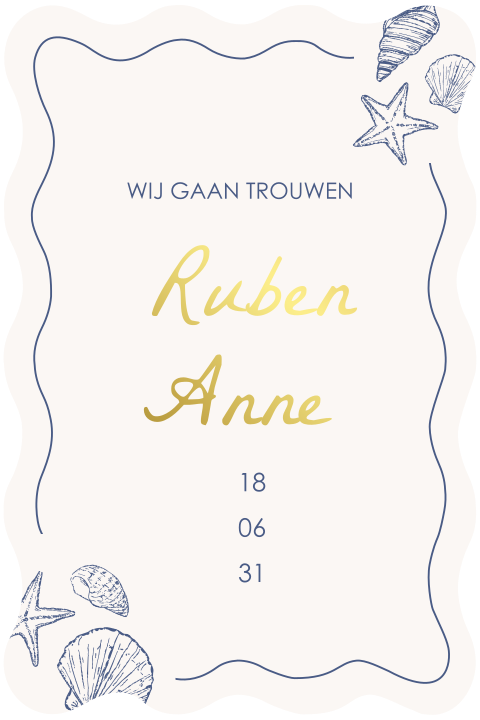 Golvende trouwkaart met strand illustraties schelpjes blauw