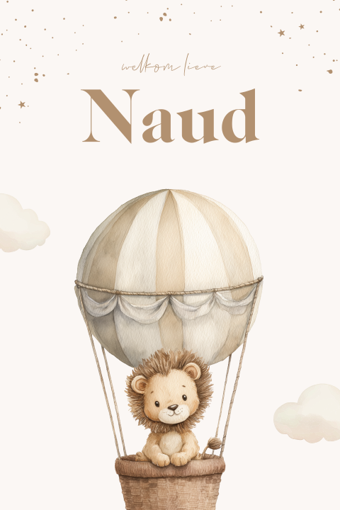 Beige geboortekaartje met illustratie van leeuwtje in luchtballon