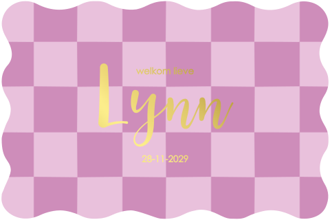 Geboortekaartje lila blokjesprint met goudfolie en golfjesrand