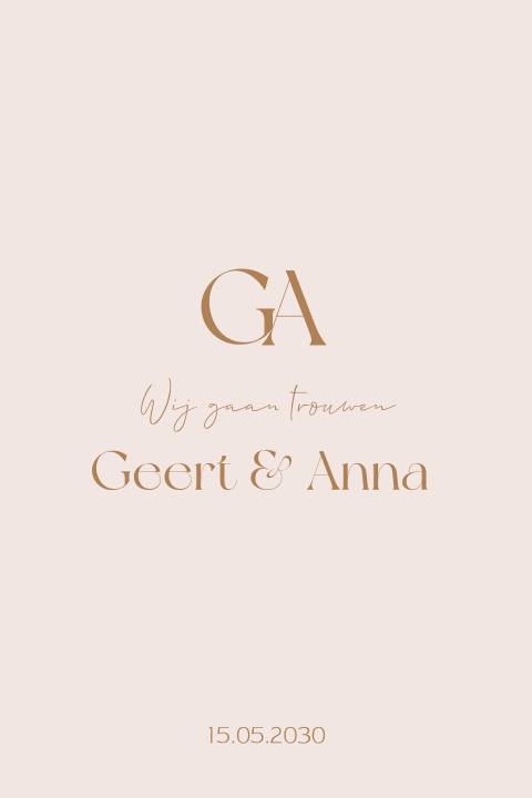 Trouwkaart lichtroze minimalistisch met initialen